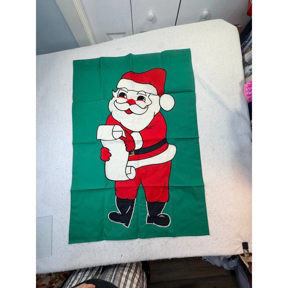Vintage Santa Claus Christmas Garden Flag Green Applique Double Sided 28x40